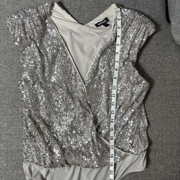Express Womens Small  Silver Sequin Sparkly Stretchy Bodysuit Y2K Glam party - Picture 6 of 7